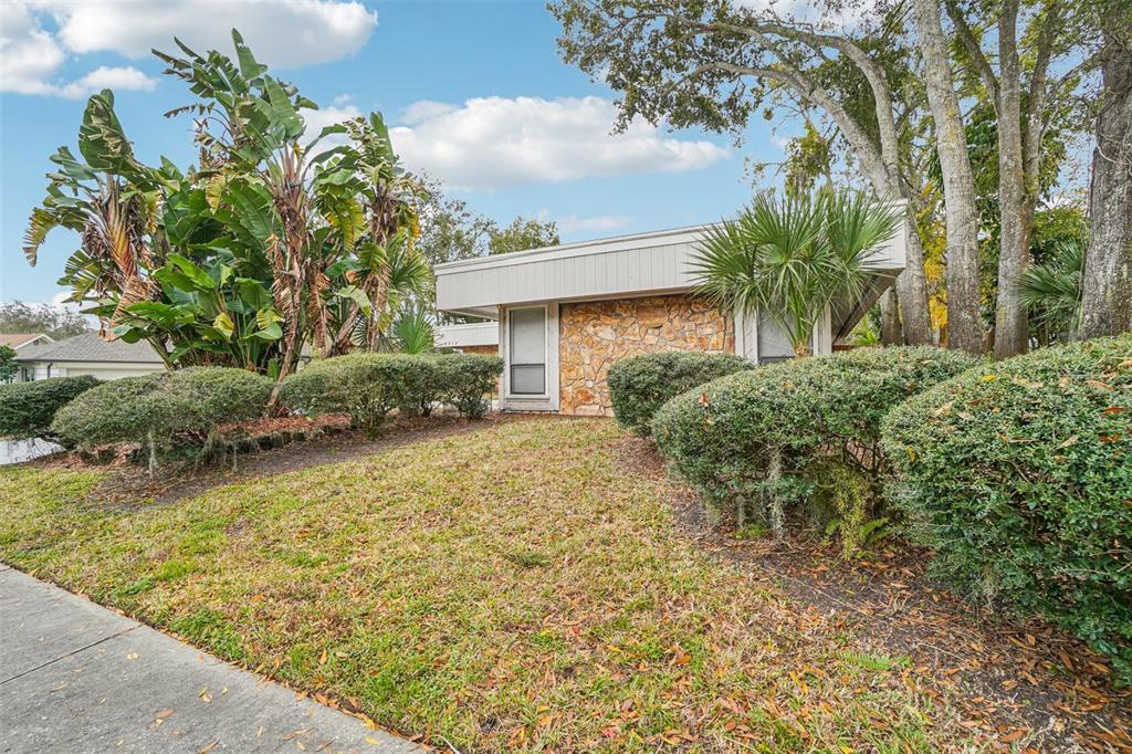 A single-story house with a stone facade, flat roof, and surrounding landscaping — 4218 WATER OAKS LANE, TAMPA, FL