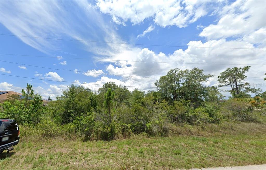 A vacant, overgrown residential lot is viewed from the street under a cloudy blue sky — 1928 VESPER COURT, LEHIGH ACRES, FL