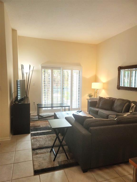 A living room features a gray sofa, a patterned area rug, and sliding glass doors — 701 S MADISON AVENUE UNIT 106, CLEARWATER, FL