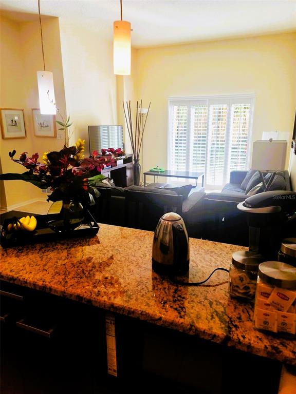 A kitchen island with granite countertops overlooks a living room with a sofa and television — 701 S MADISON AVENUE UNIT 106, CLEARWATER, FL