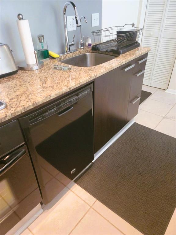 A kitchen features a stainless steel sink, granite countertops, dark cabinets, and a black dishwasher — 701 S MADISON AVENUE UNIT 106, CLEARWATER, FL