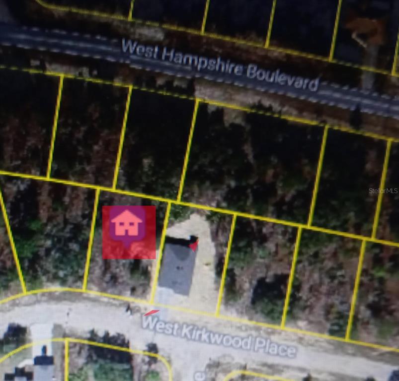This is a satellite map showing a residential lot with a house icon — 3227 W KIRKWOOD PLACE, DUNNELLON, FL