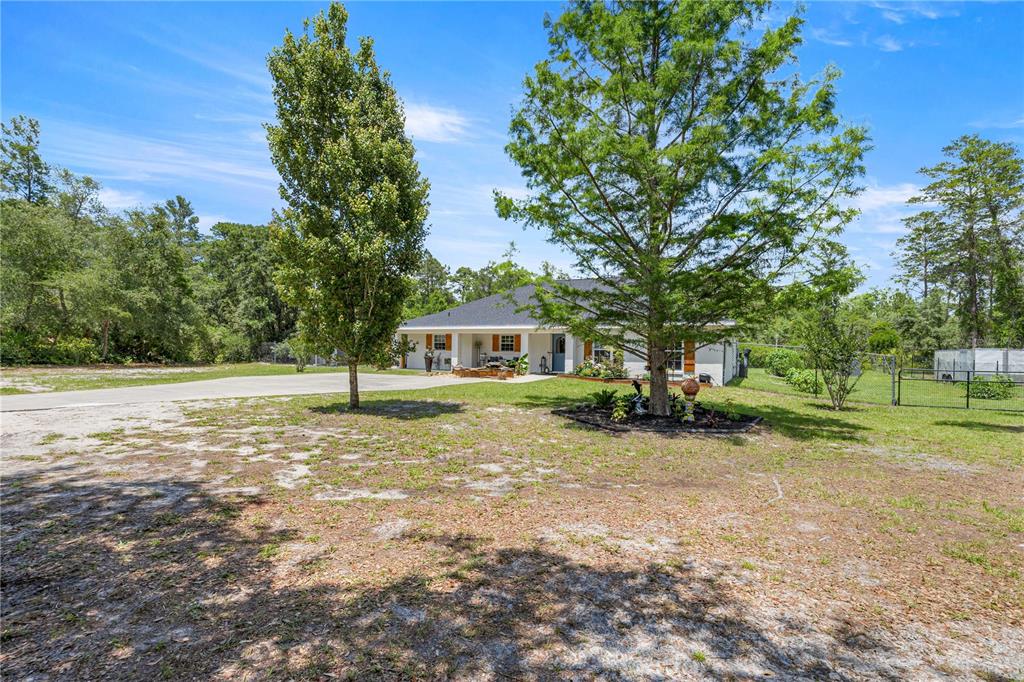 A single-story house with a white exterior sits behind a large tree and driveway — 495 FISHER ROAD, OCKLAWAHA, FL