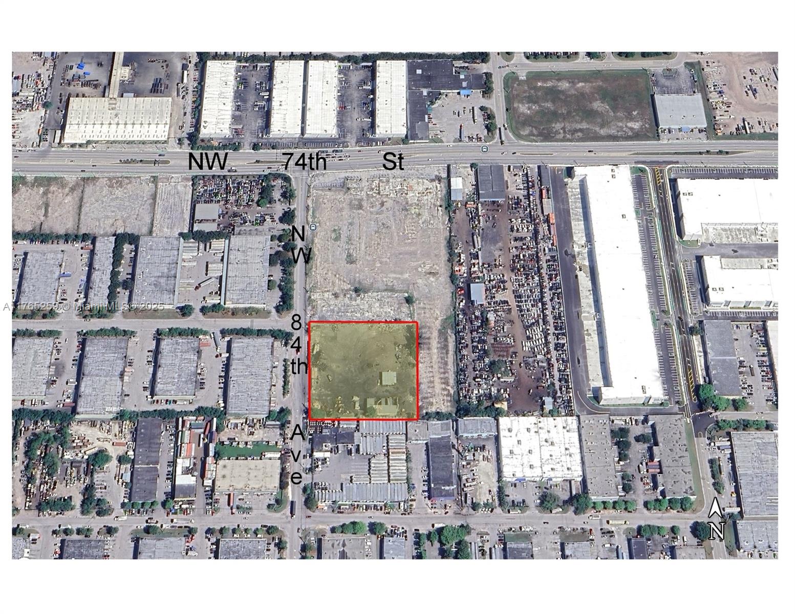This is an aerial map showing a highlighted rectangular lot in an industrial area — 7225 NW 84th Ave, Medley FL 33166, MEDLEY, FL