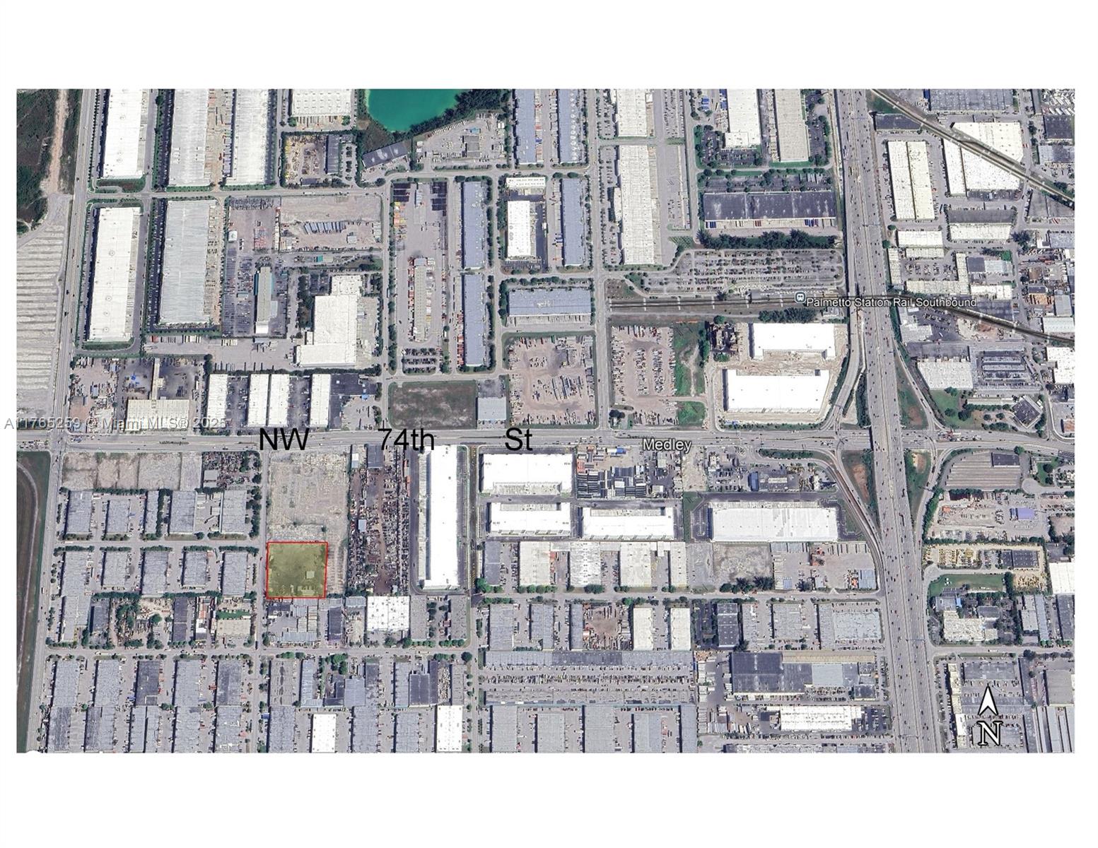 This is an aerial map showing a highlighted rectangular lot near NW 74th Street — 7225 NW 84th Ave, Medley FL 33166, MEDLEY, FL