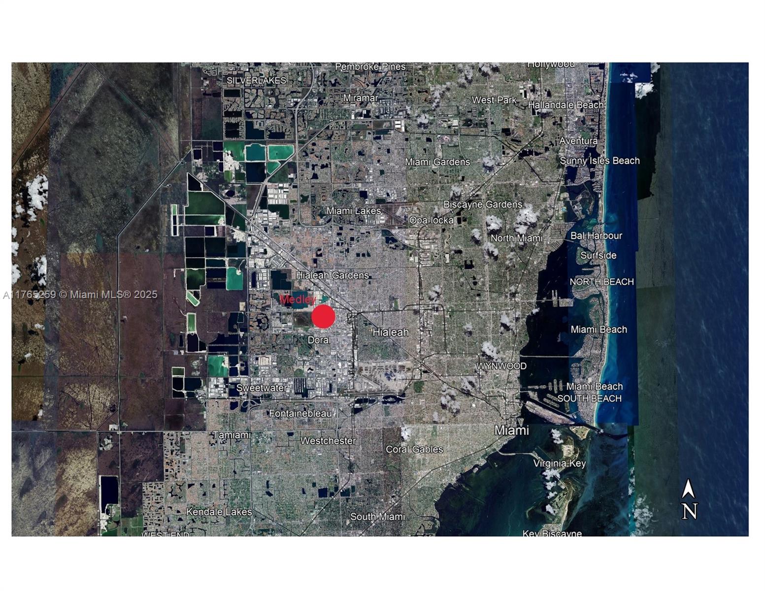 This is a satellite map of the Miami metropolitan area with a red location marker — 7225 NW 84th Ave, Medley FL 33166, MEDLEY, FL