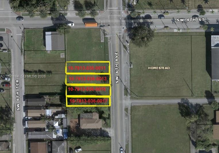This is an aerial map showing four adjacent vacant land parcels highlighted in yellow — 426 SW 6 AVE, Homestead FL 33030, HOMESTEAD, FL