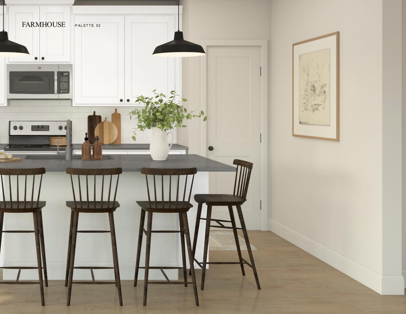 This is a rendering of a modern farmhouse kitchen featuring a gray island and stools — 2137 Jupiter Boulevard # 115, Palm Bay FL 32908, PALM BAY, FL