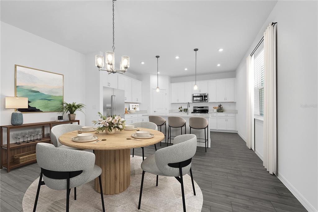 This is a digital rendering of an open-concept kitchen and dining area with modern finishes — 33929 SEATTLE SLEW DRIVE, SORRENTO, FL