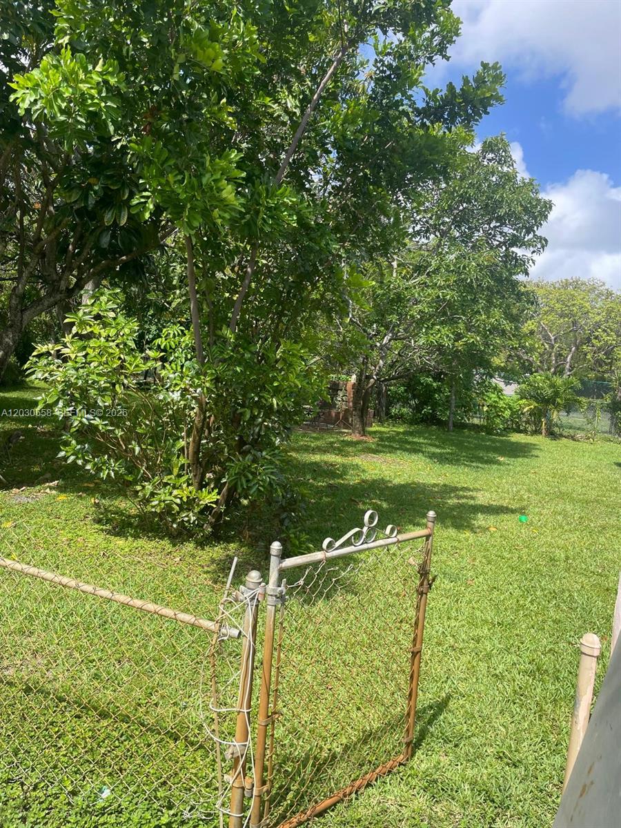 A grassy backyard features mature trees and a chain-link fence with a metal gate — 691 NW 20th Ct, Pompano Beach FL 33060, POMPANO BEACH, FL