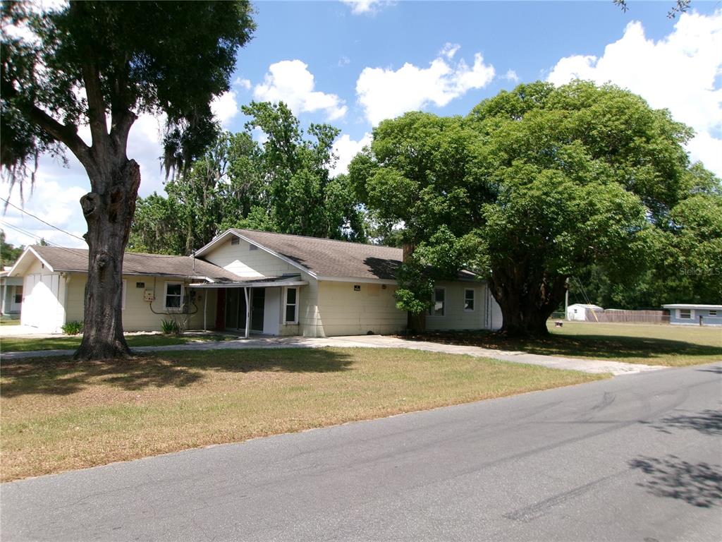 A single-story house with light-colored siding stands behind a large tree near a road — 5714 19TH STREET, ZEPHYRHILLS, FL