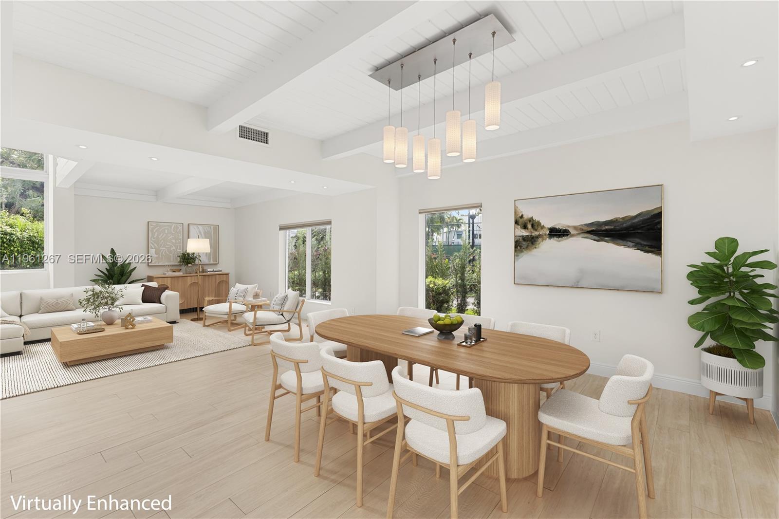 This virtually enhanced rendering shows a bright, open-concept dining and living area with wood flooring — 20205 W Oak Haven Cir, Miami FL 33179, MIAMI, FL