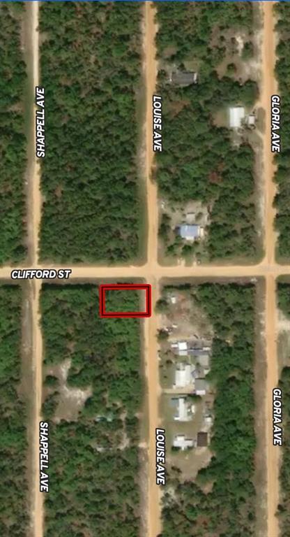 This is an aerial map showing a vacant, rectangular lot outlined in red at an intersection — LOT 36 LOUISE AVENUE, INTERLACHEN, FL