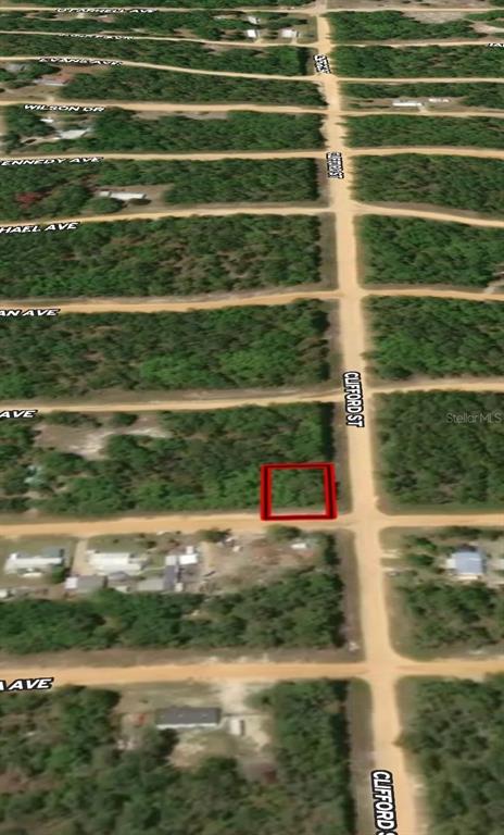 An aerial view shows a vacant, rectangular lot outlined in red along a dirt road — LOT 36 LOUISE AVENUE, INTERLACHEN, FL