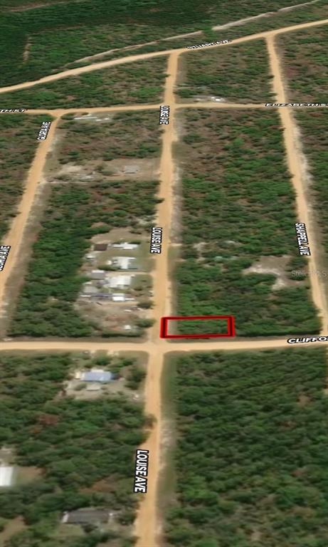 An aerial view shows a vacant, rectangular lot outlined in red at a dirt road intersection — LOT 36 LOUISE AVENUE, INTERLACHEN, FL