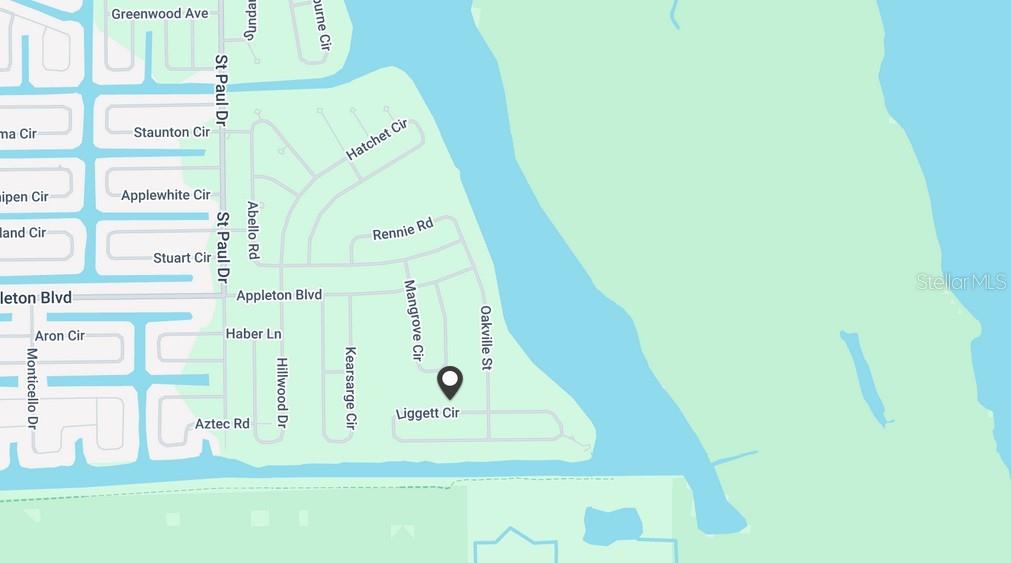 This is a map showing residential streets and a location marker in a neighborhood — 16856 LIGGETT CIRCLE, PORT CHARLOTTE, FL