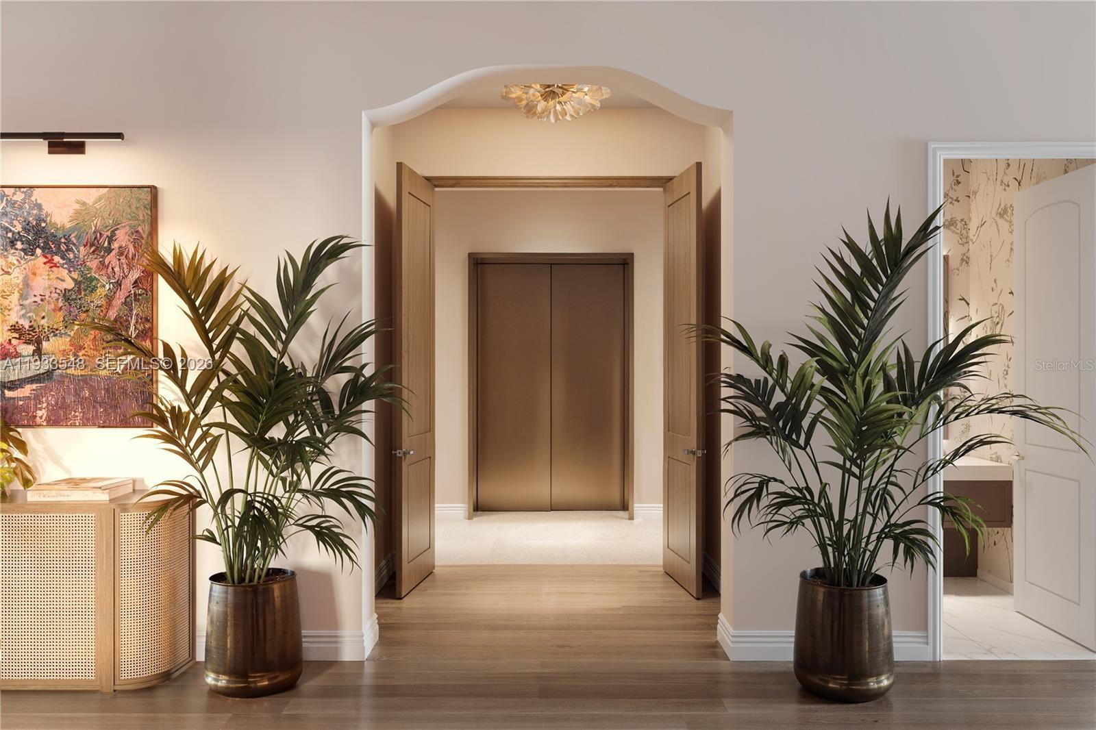 This rendering shows an arched entryway leading to a private elevator with flanking potted palms — 65 S Palm Ave # 1205, Sarasota FL 34236, SARASOTA, FL