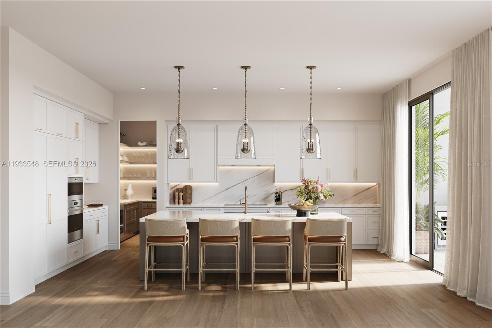 This is a rendering of a modern kitchen featuring white cabinetry, a marble island, and stools — 65 S Palm Ave # 1205, Sarasota FL 34236, SARASOTA, FL