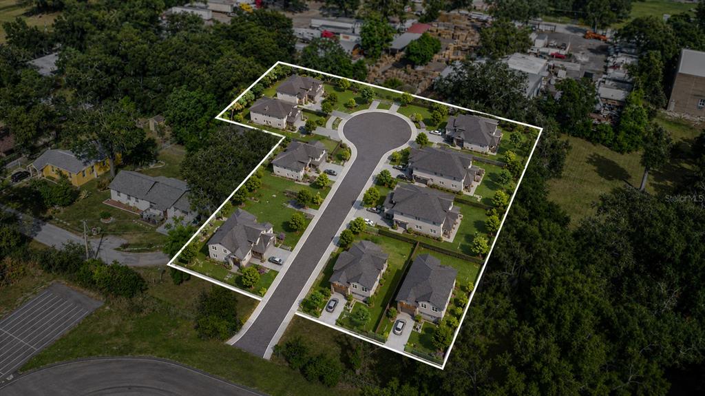 An aerial view shows a small residential cul-de-sac neighborhood surrounded by trees — 5105 N 45TH STREET, TAMPA, FL