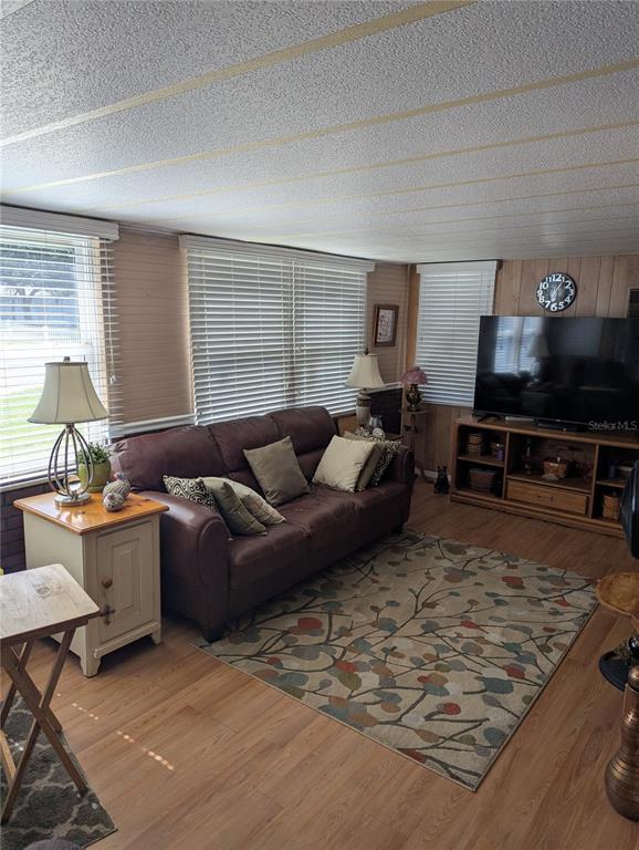 A living room features a brown sofa, wood-look flooring, and a television on a stand — 34214 CANAL DRIVE N, PINELLAS PARK, FL