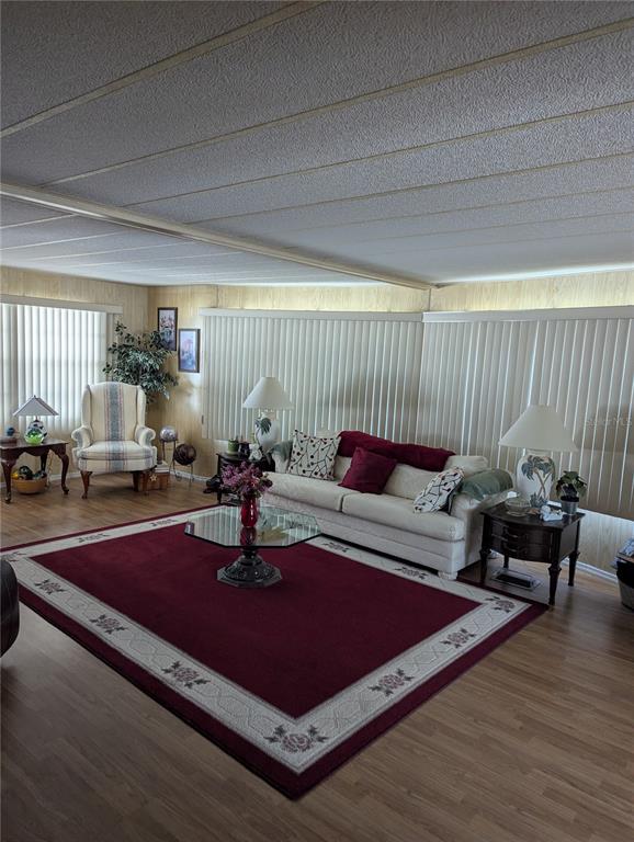 A living room features a white sofa, a red area rug, and vertical window blinds — 34214 CANAL DRIVE N, PINELLAS PARK, FL