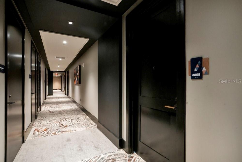 A long hotel hallway features dark doors, patterned carpeting, and recessed ceiling lighting — 275 1ST AVENUE S UNIT 3808, ST PETERSBURG, FL