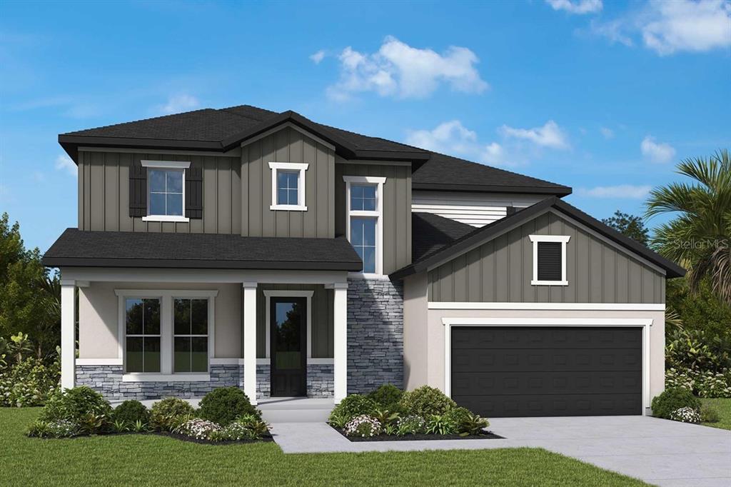 A digital rendering of a two-story suburban house with a stone facade and garage — 814 W ORIENT STREET, TAMPA, FL