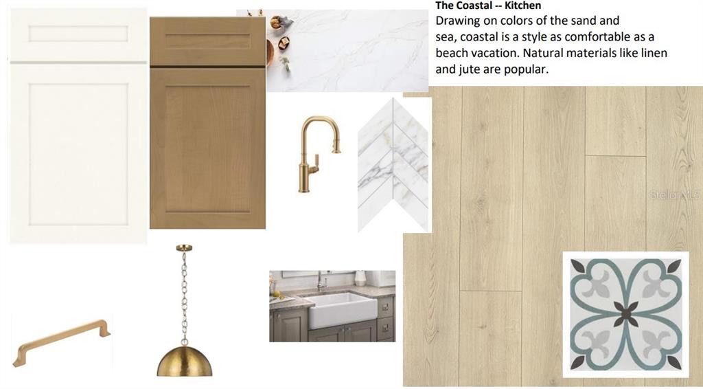 This design board displays coastal kitchen finishes including cabinetry, marble countertops, brass hardware, and flooring — 814 W ORIENT STREET, TAMPA, FL