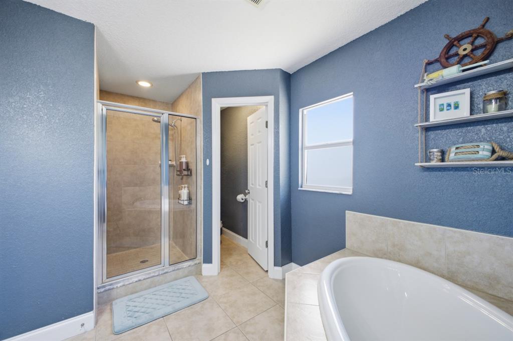 A bathroom features blue walls, a walk-in shower, a soaking tub, and wall-mounted shelving — 2441 17TH STREET W, PALMETTO, FL
