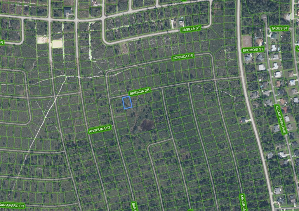 This is an aerial map showing a highlighted vacant lot in a residential subdivision — 7448 BRESICA DRIVE, SEBRING, FL