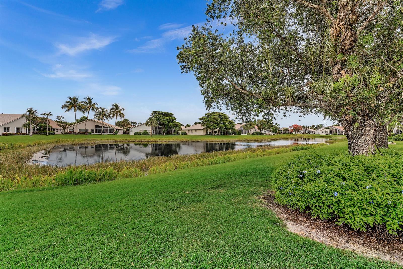A grassy lawn leads to a pond surrounded by houses and palm trees under blue skies — 12316 Lakeridge Falls Drive, Boynton Beach FL 33437, BOYNTON BEACH, FL