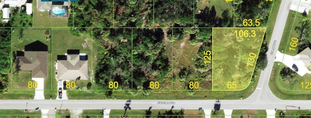 This is a satellite map showing several adjacent residential lots along a road — 506 FAIRVIEW AVENUE NW, PORT CHARLOTTE, FL