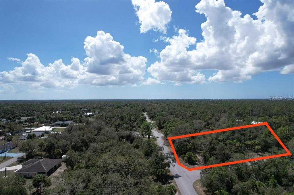 An aerial view shows a vacant, wooded lot outlined in red along a paved road — 14319 DANIELS AVENUE, PORT CHARLOTTE, FL