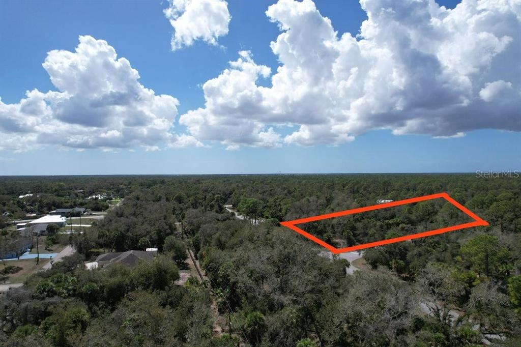 An aerial view shows a rectangular plot of land outlined in red amidst dense trees — 14319 DANIELS AVENUE, PORT CHARLOTTE, FL