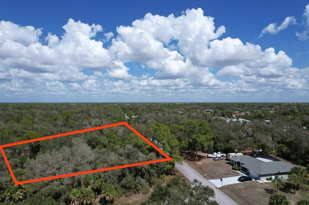 An aerial view shows a rectangular, wooded vacant lot outlined in red next to a house — 14319 DANIELS AVENUE, PORT CHARLOTTE, FL