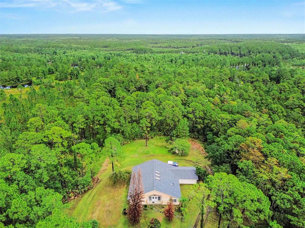 An aerial view of a house surrounded by a dense forest under a blue sky — 1235 MARSH FERN ROAD, MIMS, FL