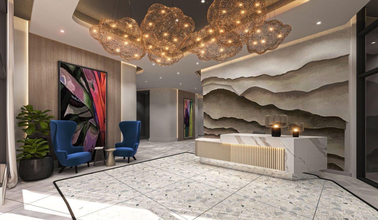 This rendering shows a modern hotel lobby with a marble reception desk and cloud-shaped lights — 11295 Biscayne Boulevard, Miami FL 33181, MIAMI, FL