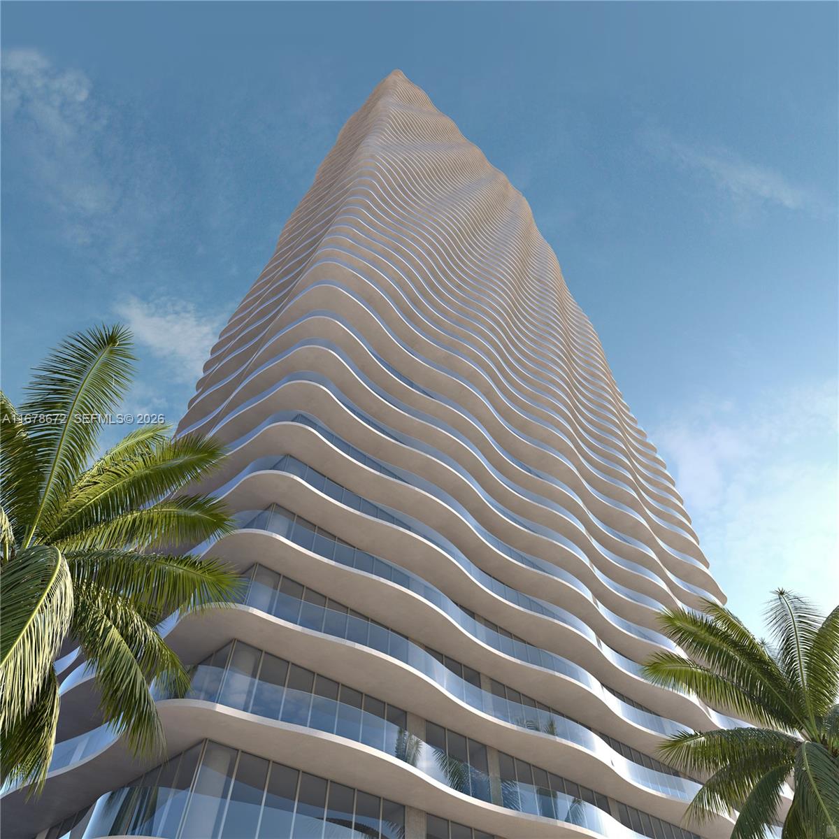 This is a rendering of a modern high-rise building with wavy, curved balconies — 1400 Biscayne Boulevard # 305, Miami FL 33132, MIAMI, FL