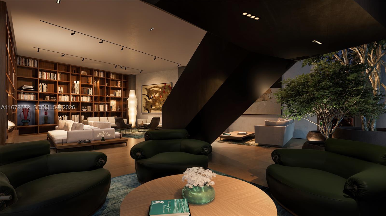 This rendering shows a modern living room with dark green armchairs, bookshelves, and indoor trees — 1400 Biscayne Boulevard # 305, Miami FL 33132, MIAMI, FL