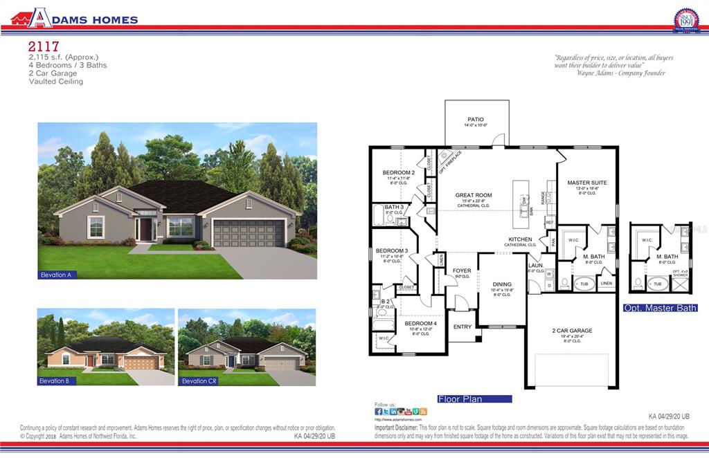This image shows floor plans and exterior renderings for a four-bedroom, three-bathroom residential home — 1676 ANN ROSE WAY, LEESBURG, FL