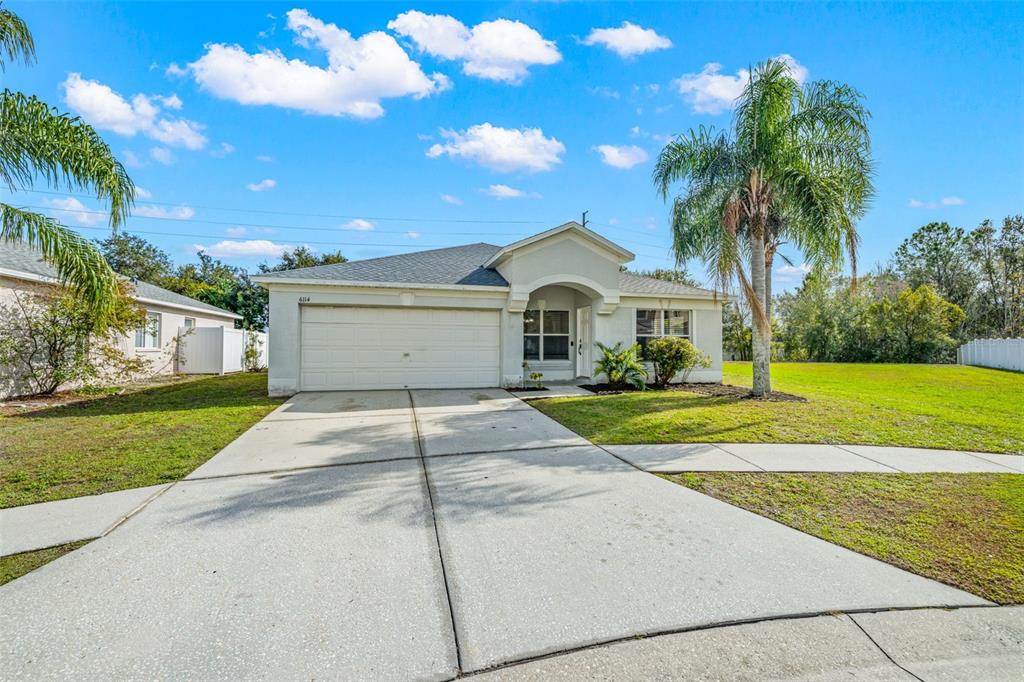 A single-story house with a two-car garage, a palm tree, and a concrete driveway — 6114 SCHOOL HOUSE COURT, WESLEY CHAPEL, FL