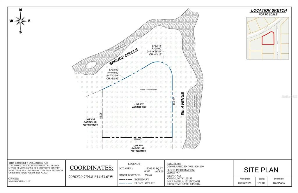 This is a site plan map showing the boundaries and dimensions of a vacant lot — 0 DELAND, DELAND, FL