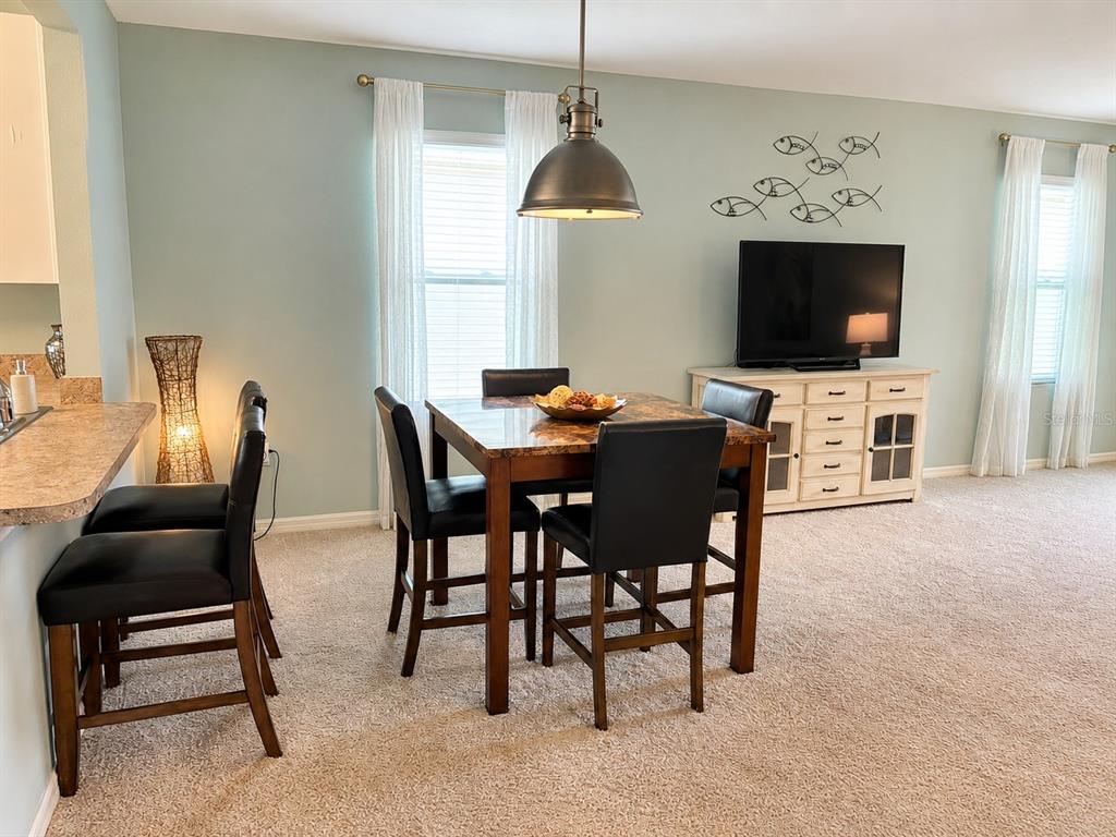 A dining area features a square table with four chairs, a pendant light, and a television — 2719 STAR CORAL LANE, NEW SMYRNA BEACH, FL