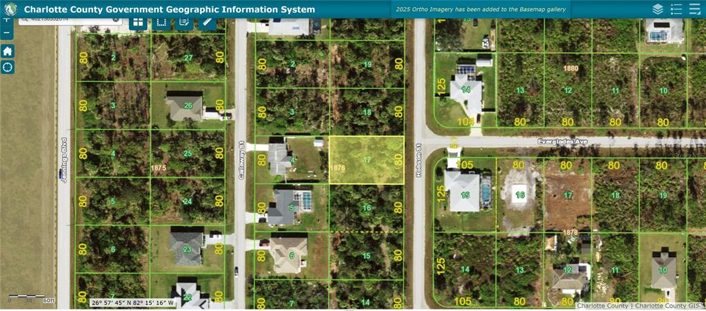 This is a map showing a vacant residential lot highlighted in yellow among surrounding properties — 4441 HOBSON STREET, PORT CHARLOTTE, FL
