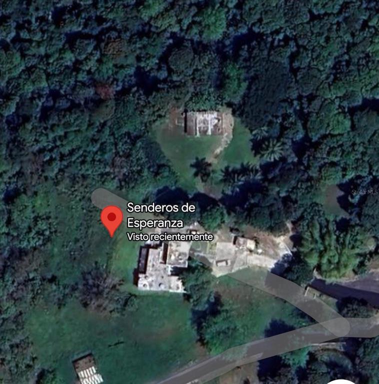 This is a satellite map view showing two structures surrounded by dense forest vegetation — 910 CAMINO LAS FLORES, HUMACAO, PR