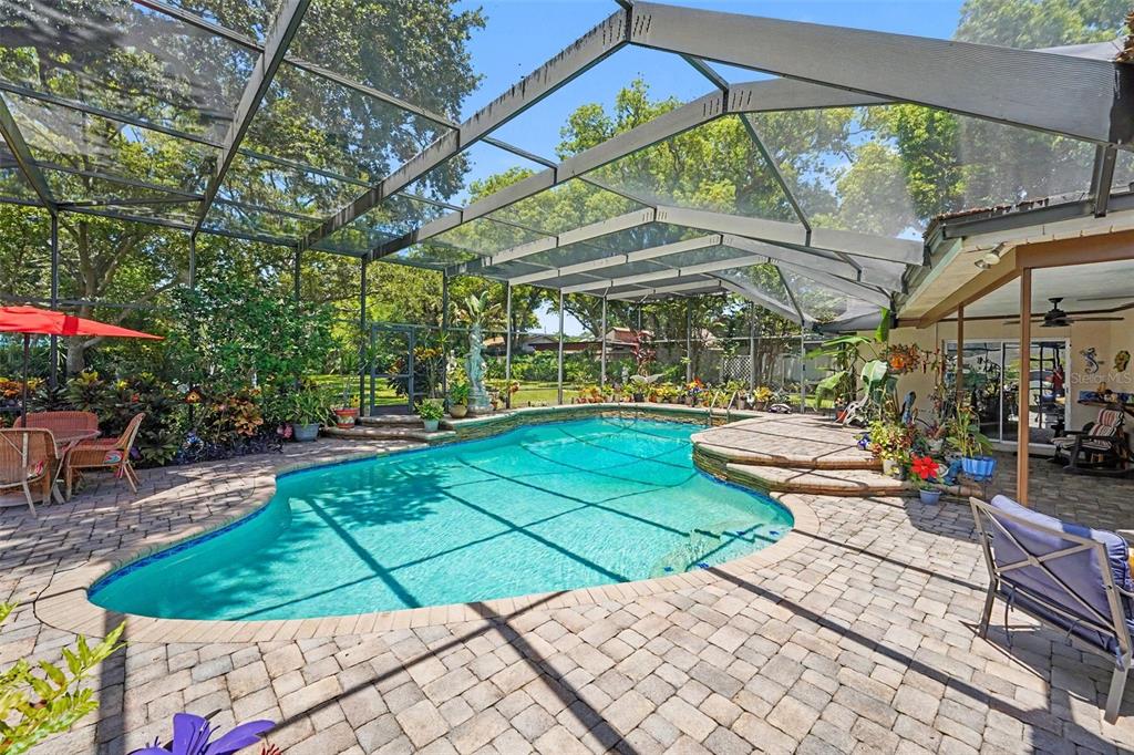 A screened-in patio features a swimming pool with a raised spa and paver decking — 3061 ALT 19, PALM HARBOR, FL