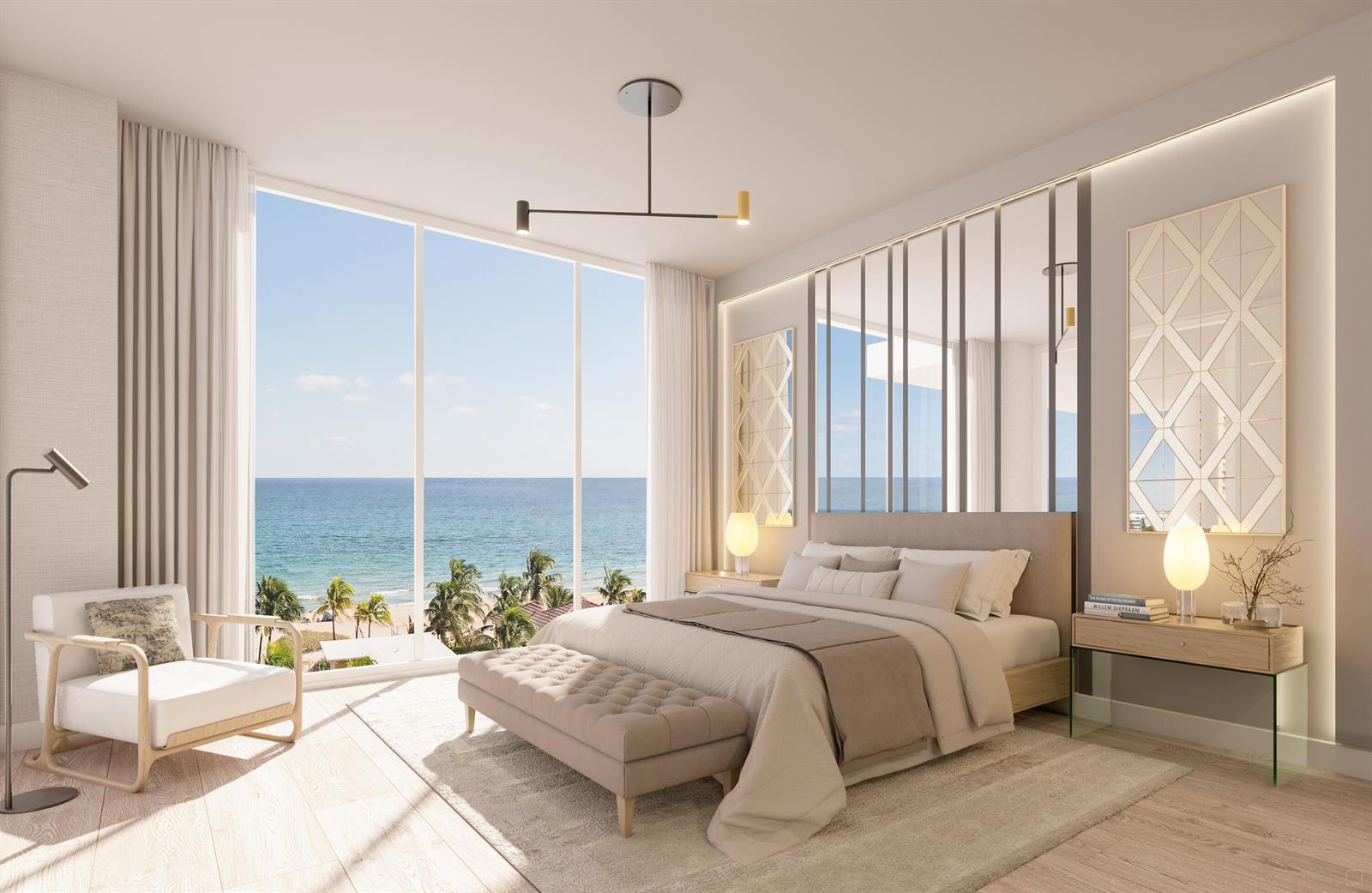 This rendering shows a modern bedroom with a large window overlooking the ocean — 305 Briny Avenue # 805, Pompano Beach FL 33062, POMPANO BEACH, FL