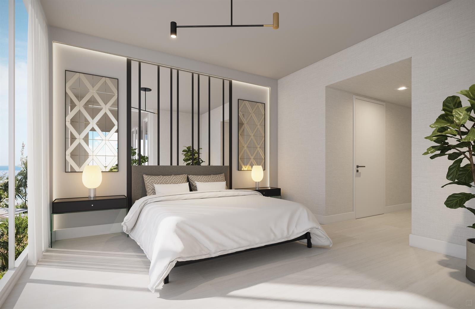 This rendering shows a modern bedroom with a king bed, vertical wall panels, and ocean views — 305 Briny Avenue # 805, Pompano Beach FL 33062, POMPANO BEACH, FL