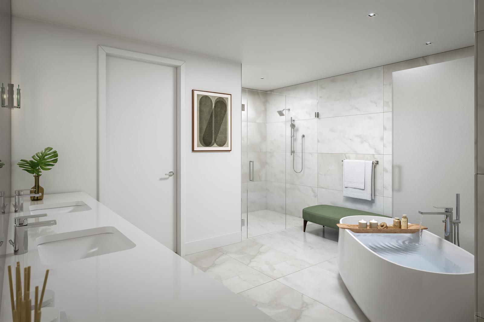This rendering shows a modern bathroom with a double vanity, soaking tub, and glass shower — 305 Briny Avenue # 805, Pompano Beach FL 33062, POMPANO BEACH, FL