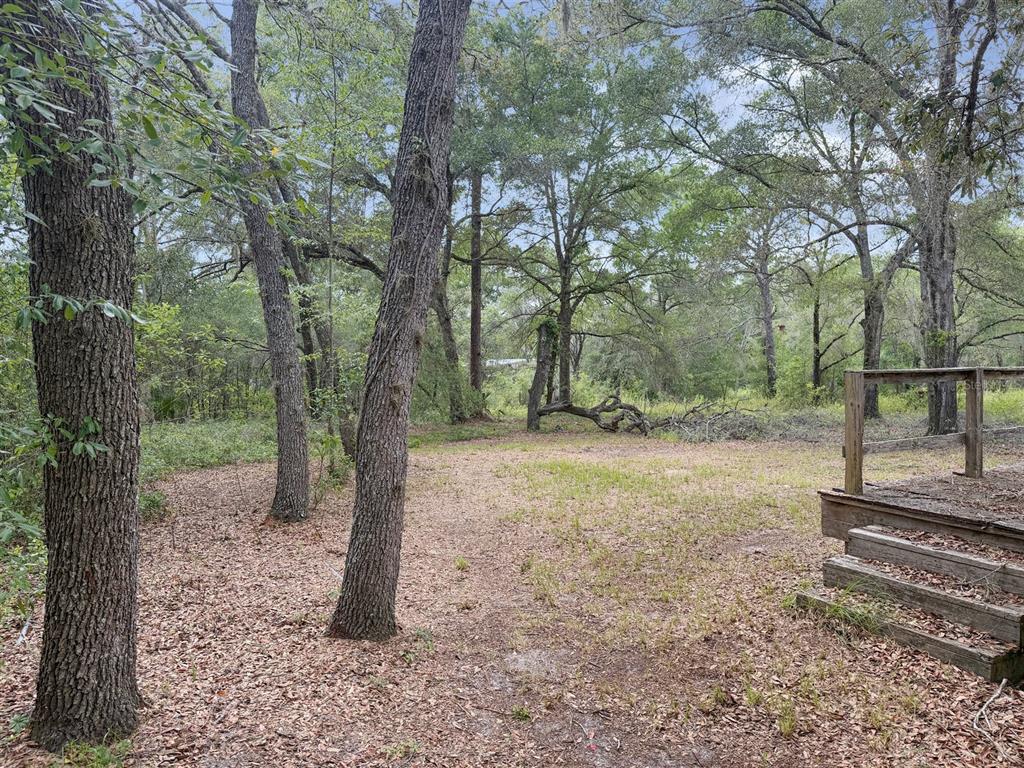 A wooden deck overlooks a grassy clearing surrounded by trees in a wooded area — 8598 N APPENINES POINT, DUNNELLON, FL